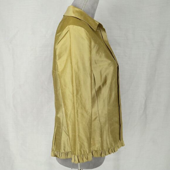 Cache Jacket Womens 8 Silk Green Gold Lined Pleated Trim Lightweight Vintage - Picture 12 of 12